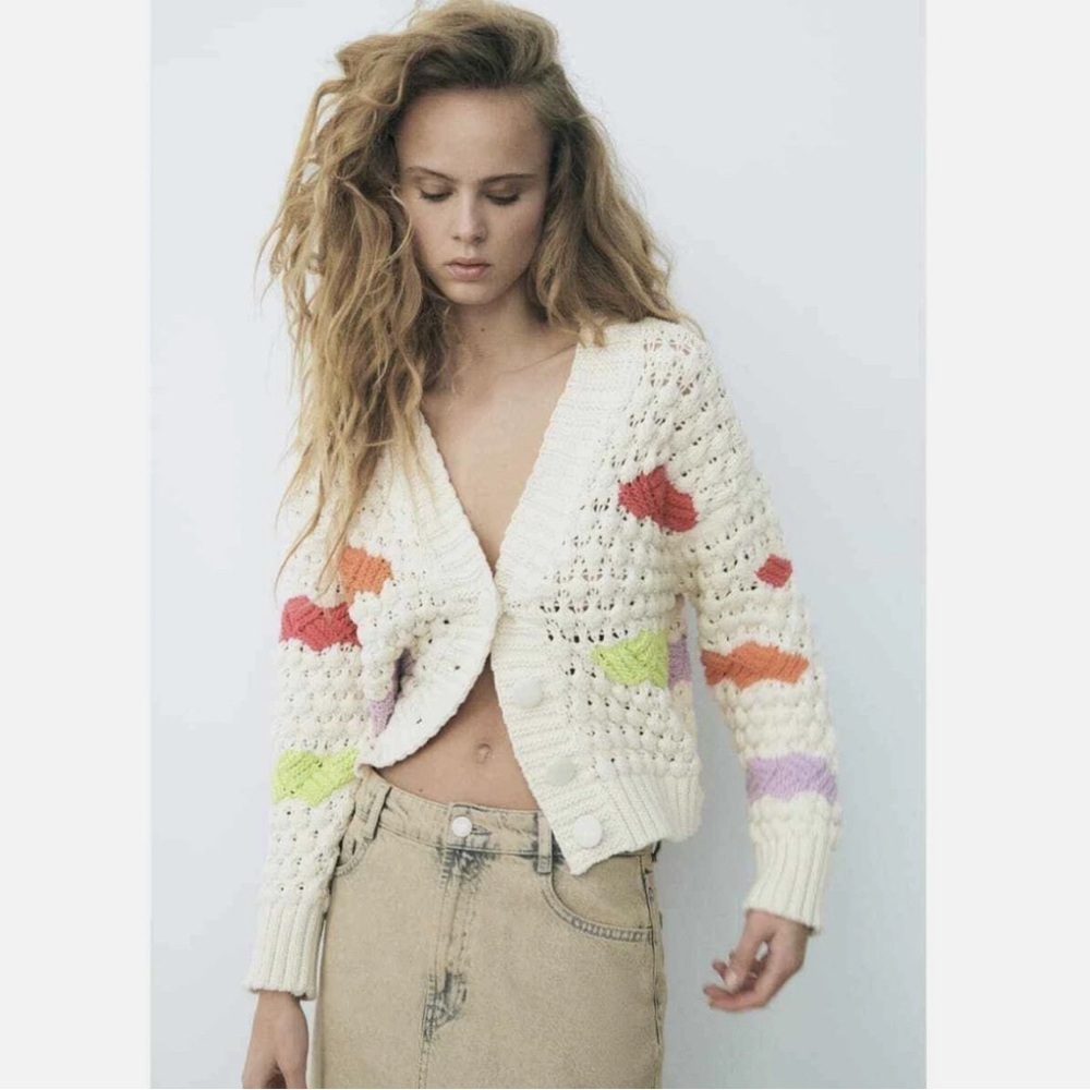 NEW ZARA COLORBLOCK CHUNKY KNIT CARDIGAN MULTICOLOR ECRU LILAC Small
